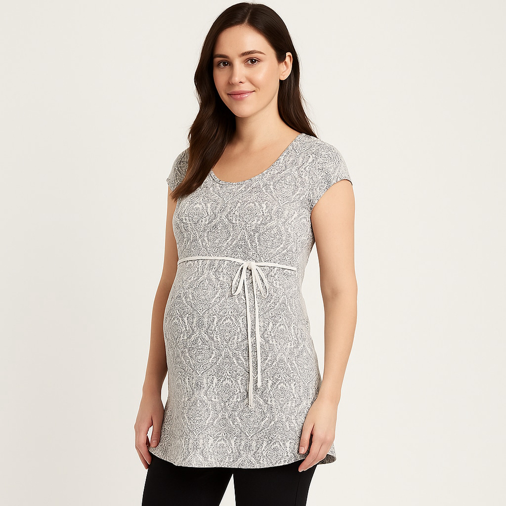 A Pea in the Pod White Gray Patterned Tie-Waist Maternity Tunic SM